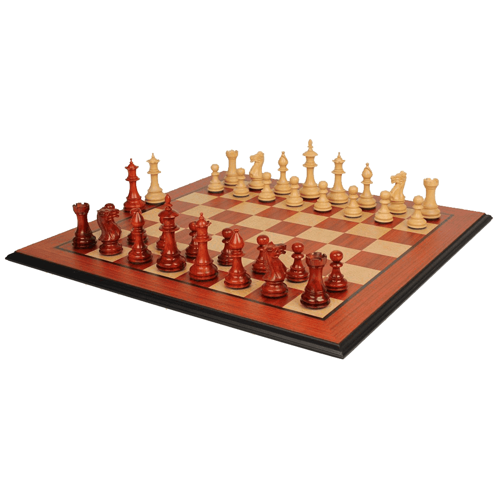The Chess Store Royal Staunton Wood Chess Set African Padauk & Boxwood Chess Pieces with Padauk & Bird's Eye Maple Molded Chess Board