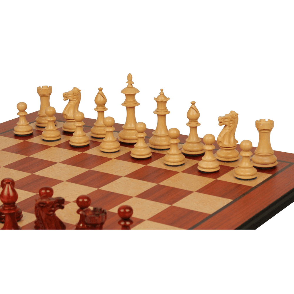 The Chess Store Royal Staunton Wood Chess Set African Padauk & Boxwood Chess Pieces with Padauk & Bird's Eye Maple Molded Chess Board