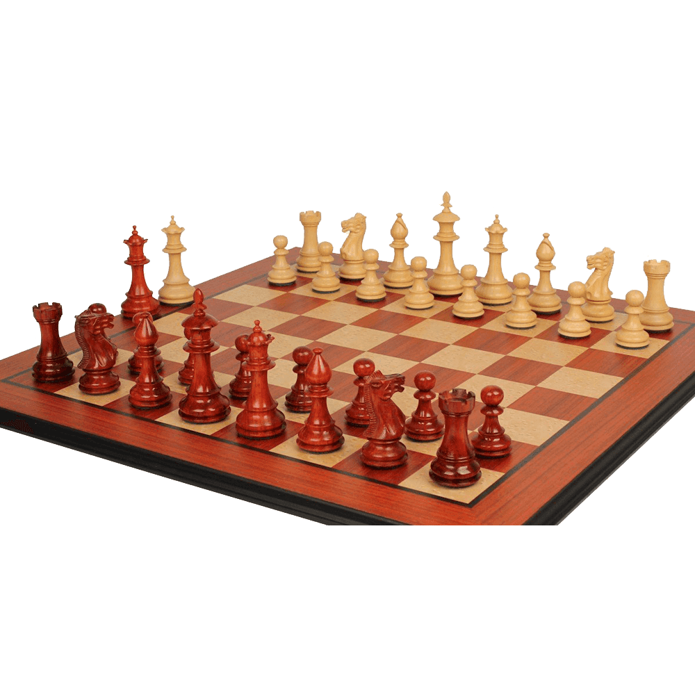 The Chess Store Royal Staunton Wood Chess Set African Padauk & Boxwood Chess Pieces with Padauk & Bird's Eye Maple Molded Chess Board