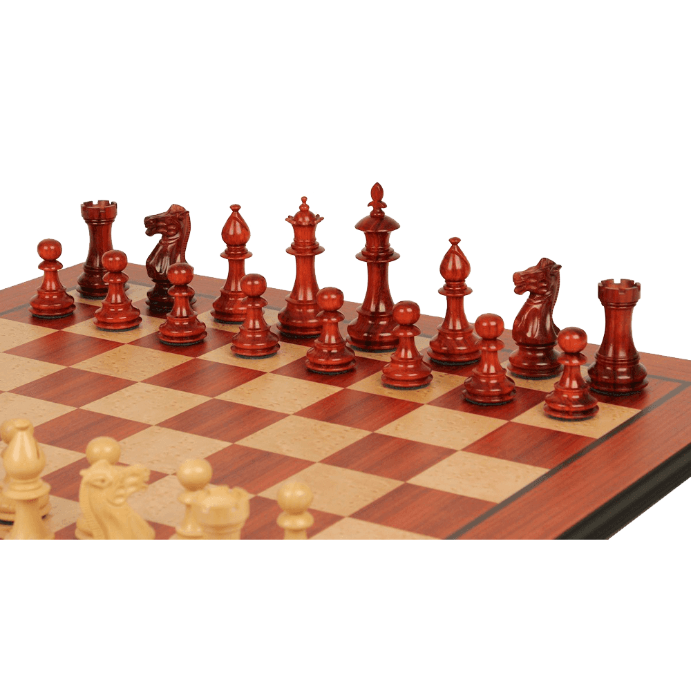 The Chess Store Royal Staunton Wood Chess Set African Padauk & Boxwood Chess Pieces with Padauk & Bird's Eye Maple Molded Chess Board